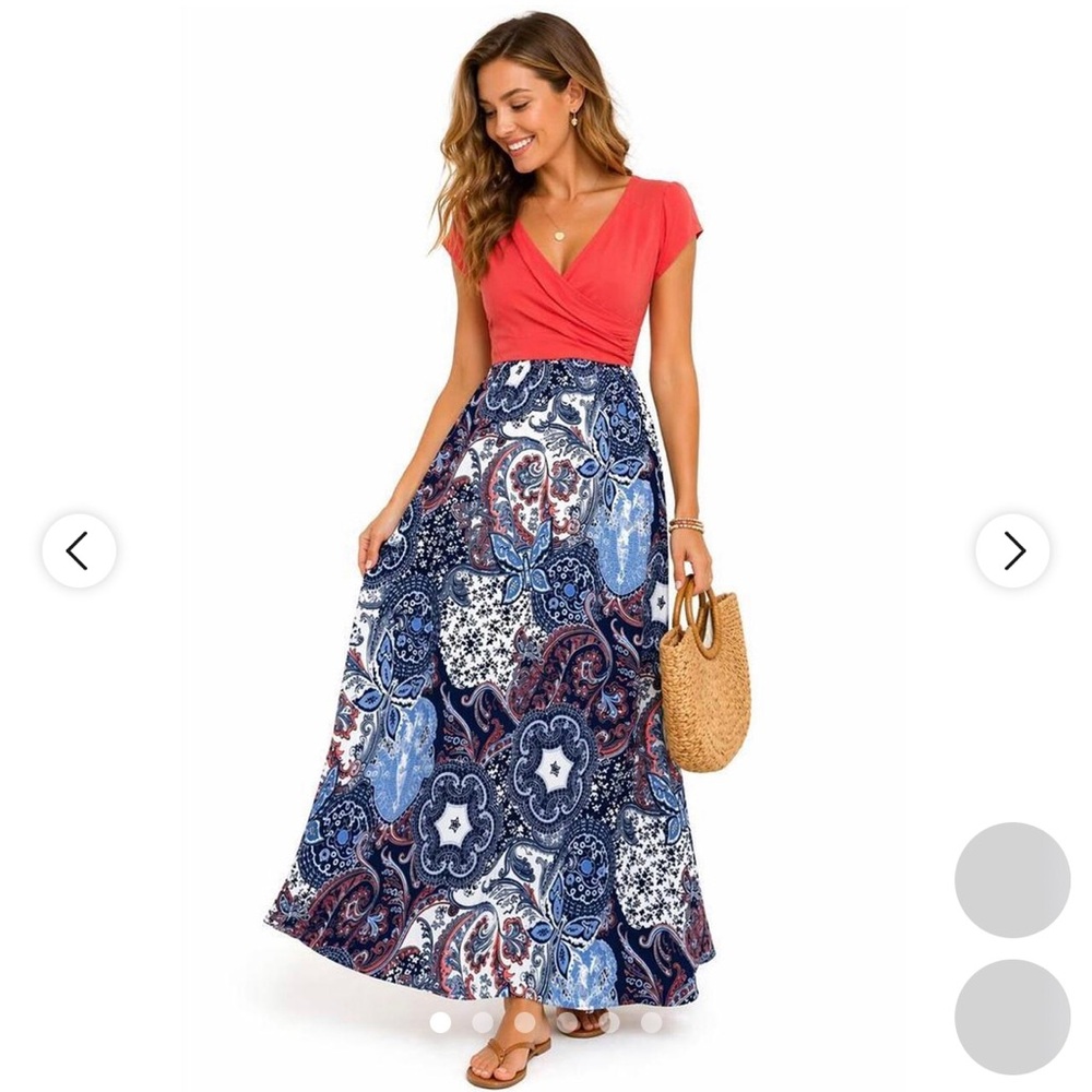 Gilli Sleeveless Coral & Navy Paisley Maxi Dress L